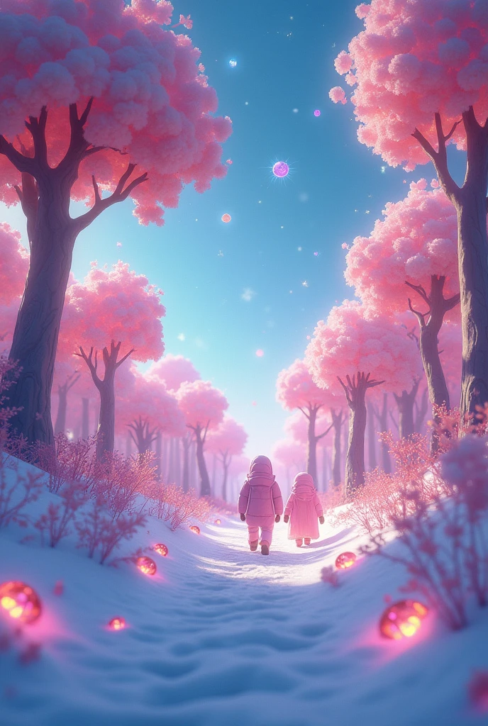 Spirited Away、Hayao Miyazaki、(Fluorescent Color:1.4)、(translucent:1.4)、(Retro filter:1.4)、(fantasy:1.4)、Candy world Disneyland Fantasy fluffy soft scenery forest snow avatar Pastel pink sky green blue glow Dreamy light Pastel soft glow Rainbow stars Diamond glitter Gemstone background Ultra realistic ultra high quality movie lighting Huge details Full HD Full light、