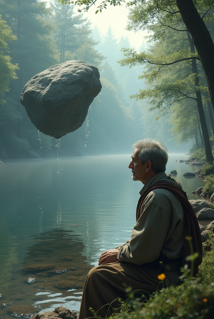 A boy aged 20 again' going into forest and sitting in Lake and seeing his face in the lake water and going suddenly a big rock falling on him and that old man stoping stone with his hands throw the bid rock by lifting it throw way form him ,keep old man in picture and boy was in shock face