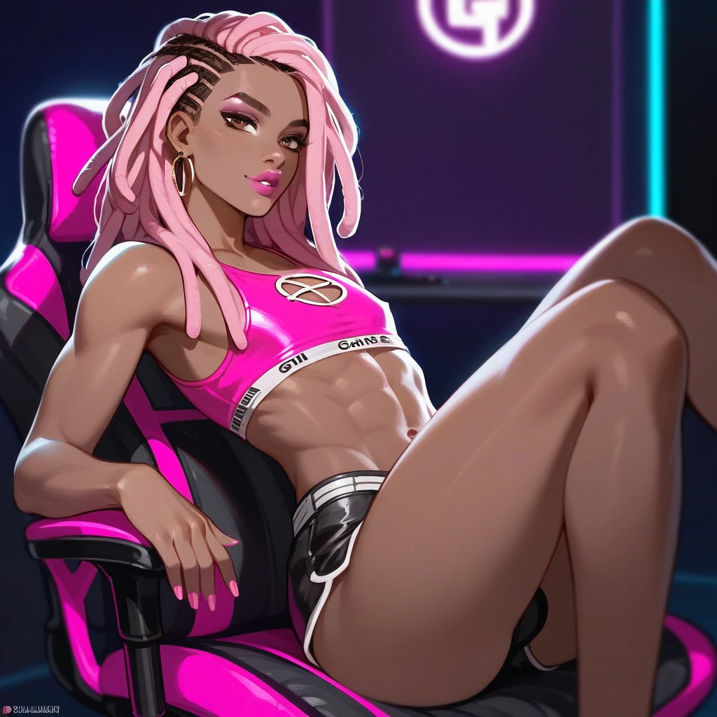 Best quality, highly detailed, ultra detailed, dynamic lighting, tan brown skin femboy, male chest, slim curvy body, pink hair, dreadlocks, long pink dreadlocks, pink dreadlocks, dark brown eyes, nails, lipgloss, goth, wearing shorts, pink crop top, big butt, sitting in gamer chair, playing mortal kombat, luxury gaming room 