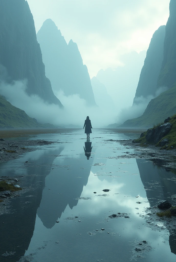 a wide valley with a mirrored floor, reflecting everything around in distorted and distant images. Mysterious climate and 