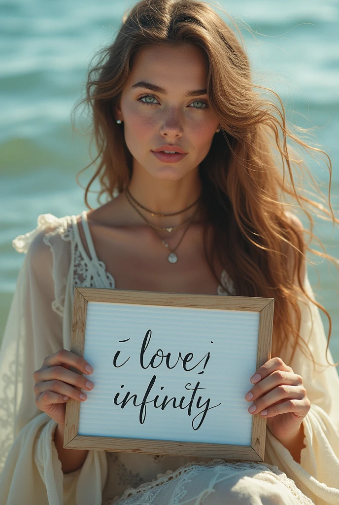 Beautiful girl with wavy long hair, bohemian dress, holding a white board with text "I Love Seaart Infinity" and showing it to the viewer
