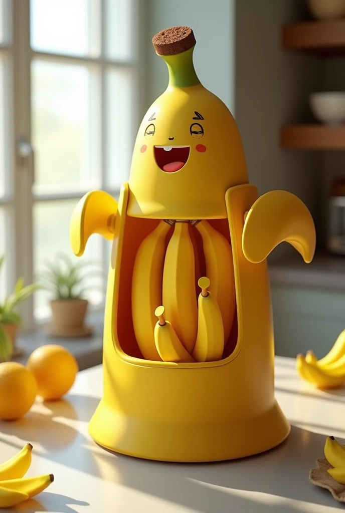 A fun and funny banana dryer with classical music to relax the bananas, There is a massager for bananas, that it is dissected with gamma rays and that it is connected to wifi from the cell phone, The idea is that the banana can be seen from the outside