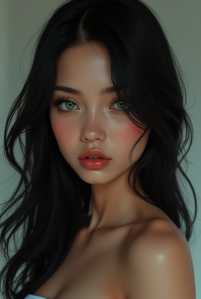 Young woman, matte skin, long black hair, green eyes, thin nose, luscious mouth, athletic physique