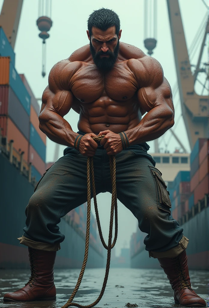 Industry: Transportation Background: Port with containers and cranes. Leg Position: Spread apart, in a stable stance. Arm Position: Holding a thick rope with both hands. Action: Tying up a boat. Color Palette: Blues and grays. Facial Expression: Strained and determined. Model’s Facial and Physical Characteristics: Weathered face, strong and muscular. generate the image with atmosphere of enthusiasm (( Highlight the rippling muscles smiling, their bodies glistening with droplets. The focus should be on the men's powerful physique, the background should be blurred to create a sense of movement and energy. evoking the strength, symmetry, beauty of the male body.)) by Aaron Horkey and Jeremy Mann, masterpiece, best quality, Photorealistic, ultra-high resolution, photographic light, illustration by MSchiffer, fairytale, Hyper detailed A mixture of photography and painting, simetryc Composition, Perfect Divine Proportione, 8k resolution fullbody image, oil painting intense dark colors palette A young man, white skin, latino, smoth body, thin face, straight nose, thin lips, square chin, large light black eyes, short black wavy hair, in roberto ferri style, aesthetic slim athletic body, ginger realistic skin, gorgeous, detailed tonned muscles, barefoot, perfect anatomy, muscled fitness body, Young man, perfect anatomy, , energetic splendid, Barefoot, naked, small flacid penis, slim and detailed muscles, shirtless, pantless, fullbody, wearing sandals, the composition of shadows and lights give an atmosphere of spaciousness, Intense Look at a fancy room: