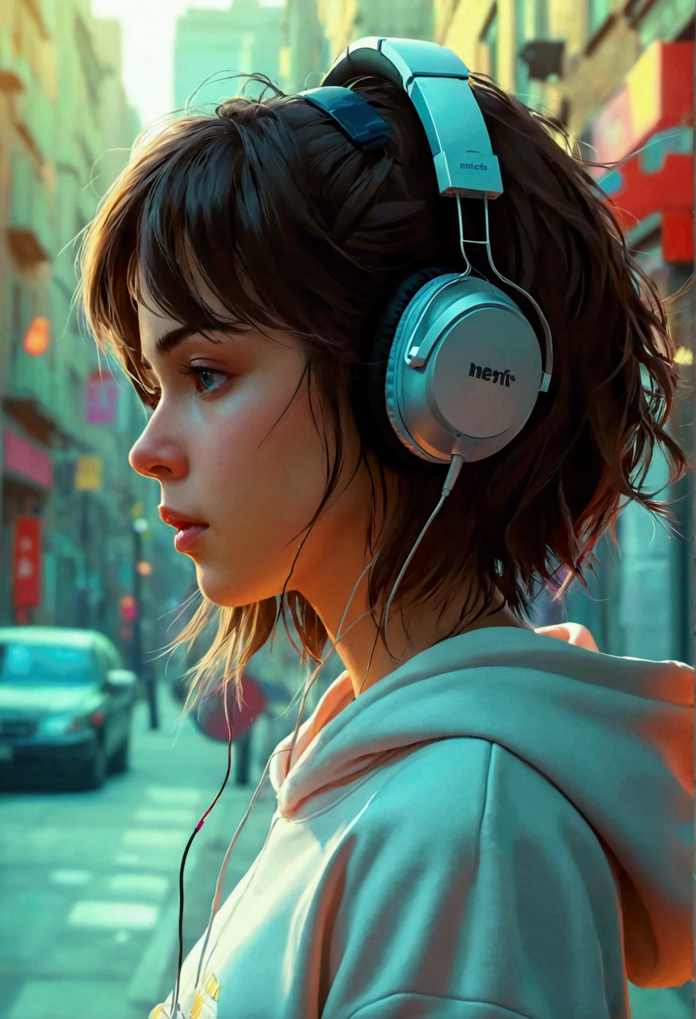 A girl listening to music with headphones, face and neck shot.With an aesthetic and modern sweatshirt.Very realistic like a photo.city background.super real