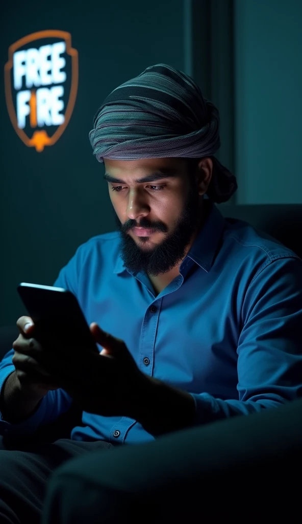 The image shows a Muslim  man wearing a blue shirt and a striped headscarf. He is standing in a dark room with a free fire game mysterious logo the background. The man is holding a smartphone in his hands and appears to be looking at it intently. He has a serious expression on his face and his eyes are focused on the screen. The overall mood of the image is somber and contemplative