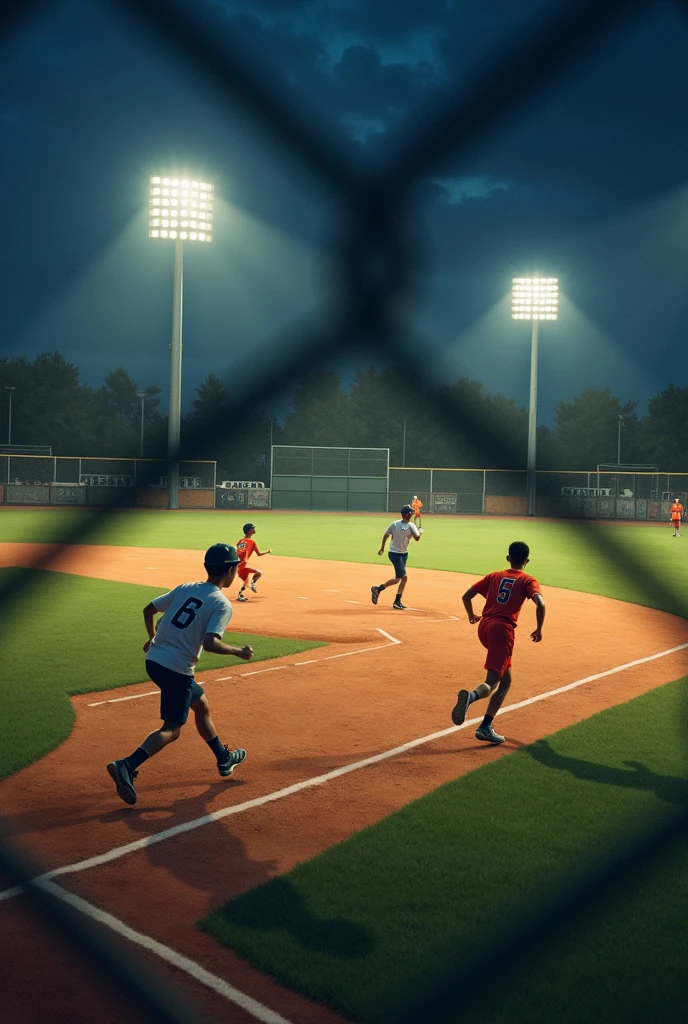 ((masterpiece, highest quality, Highest image quality, High resolution, photorealistic, Raw photo, 8K)), arafed view of a little league baseball game, chain link backstop, night time, under lights