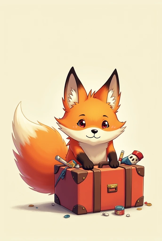 Male Child Fox, who tries to close a full suitcase, without background