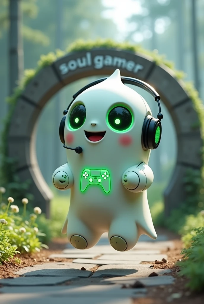 Create a medium-sized robot pet with a ghost-like appearance. With slightly rounded shapes resembling a drop and well-defined hands and arms. His facial expression has large, green eyes with a glow, conveying a friendly and cheerful expression. He has a small open mouth with a happy smile and flushed cheeks.. Its body is white with small green details and a smooth, slightly shiny texture.. He has a headset on his head with an adjustable microphone positioned close to his mouth.. And on his chest you can see the illuminated shape of a Playstation 5 controller in fluorescent green.. It floats in the air, as if he were ready for an adventure. Behind the character you can see a portal and on it is written "Soul Gamer".