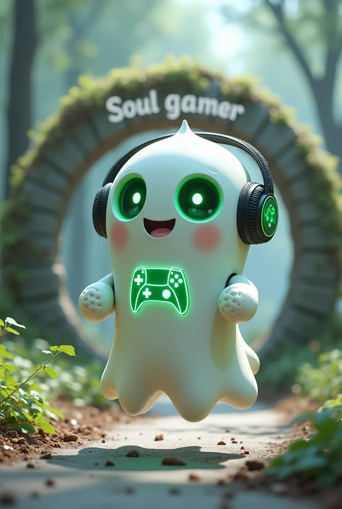 Create a medium-sized robot pet with a ghost-like appearance. With slightly rounded shapes resembling a drop and well-defined hands and arms. His facial expression has large, green eyes with a glow, conveying a friendly and cheerful expression. He has a small open mouth with a happy smile and flushed cheeks.. Its body is white with small green details and a smooth, slightly shiny texture.. He has a headset on his head with an adjustable microphone positioned close to his mouth.. And on his chest you can see the illuminated shape of a Playstation 5 controller in fluorescent green.. It floats in the air, as if he were ready for an adventure. Behind the character you can see a portal and on it is written "Soul Gamer".