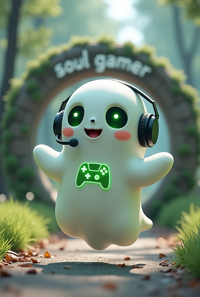 Create a medium-sized robot pet with a ghost-like appearance. With slightly rounded shapes resembling a drop and well-defined hands and arms. His facial expression has large, green eyes with a glow, conveying a friendly and cheerful expression. He has a small open mouth with a happy smile and flushed cheeks.. Its body is white with small green details and a smooth, slightly shiny texture.. He has a headset on his head with an adjustable microphone positioned close to his mouth.. And on his chest you can see the illuminated shape of a Playstation 5 controller in fluorescent green.. It floats in the air, as if he were ready for an adventure. Behind the character you can see a portal and on it is written "Soul Gamer".