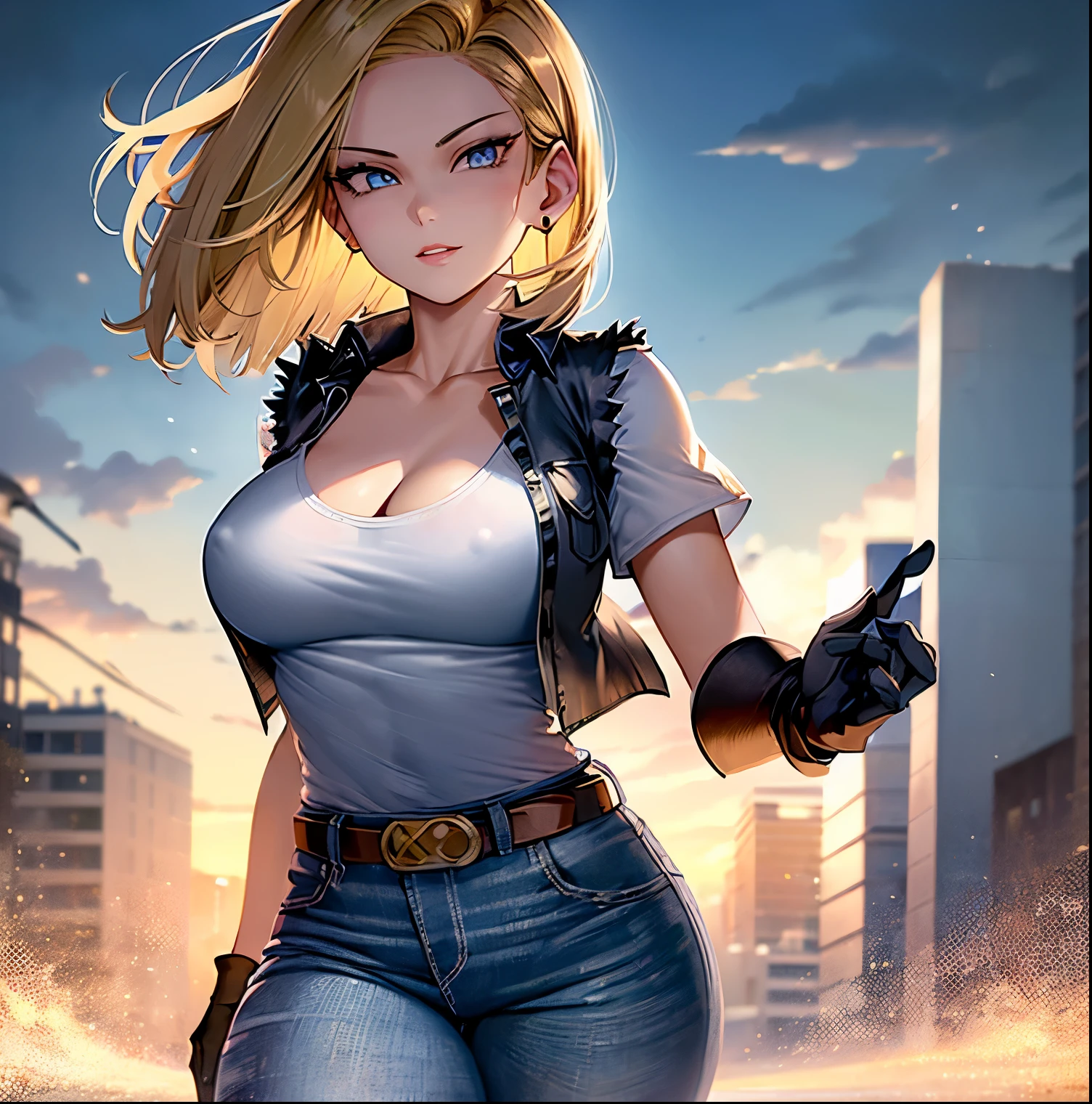 ((1girl)),((alone)), Android 18,\(dragon ball Z\),(masterpiece), (best quality), (ultra detailed), (best illustration), (best shadow), (absurdities ), sharp focus, cowboy shot, atmospheric perspective, depth of field, dynamic posture, ((looking at viewer)), big breasts, narrow waist, wide hips, wide thighs, round butt, erotic, romantic, (highly detailed eyes , lips 1.1), highly detailed eyes, eyes, Highly detailed face, Very beautiful face, Symmetrical face, Aesthetic face, perfect face, perfect eyes, detailed eyelashes: 1.5), full height, beautiful slim figure, femininity, expressive appearance, breasts big elastics, sexuality, parted lips,((blond hair)),((short hair:1.3)),blue eyes, ((belt)),((denim jeans:1.3)), ((tight jeans)), pearl necklace, bracelet,((black gloves:1.3)), ((white shirt:1.4)), tight shirt,((neckline:1.3)), short sleeves, earrings, ((open vest)), ((vest black:1.4)),curves, defined body,Perfect and beautiful body, perfect and beautiful, closed mouth, mocking smile, serious expression,(sexy pose: 1.2), ((solo)), standing: 1.3,((outside, cityscape, city, streets, clouds, clear sky, day, sunny)), Looking forward, ((focus on hips)), point of view: (from below), perfect anatomy, perfect hands