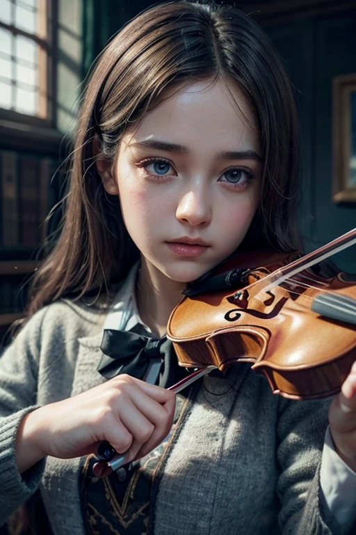a girl in a hogwarts school uniform playing a violin, beautiful detailed eyes, beautiful detailed lips, extremely detailed eyes and face, long eyelashes, intricate hand movements, photo realistic, 8k, hyperrealistic, highly detailed, photorealistic, dramatic lighting, cinematic, fantasy, anime style, vibrant colors, magical atmosphere