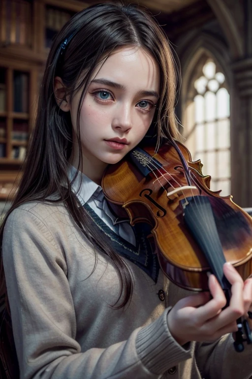 a girl in a hogwarts school uniform playing a violin, beautiful detailed eyes, beautiful detailed lips, extremely detailed eyes and face, long eyelashes, intricate hand movements, photo realistic, 8k, hyperrealistic, highly detailed, photorealistic, dramatic lighting, cinematic, fantasy, anime style, vibrant colors, magical atmosphere