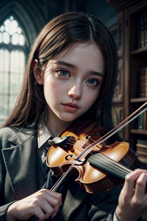 a girl in a hogwarts school uniform playing a violin, beautiful detailed eyes, beautiful detailed lips, extremely detailed eyes and face, long eyelashes, intricate hand movements, photo realistic, 8k, hyperrealistic, highly detailed, photorealistic, dramatic lighting, cinematic, fantasy, anime style, vibrant colors, magical atmosphere