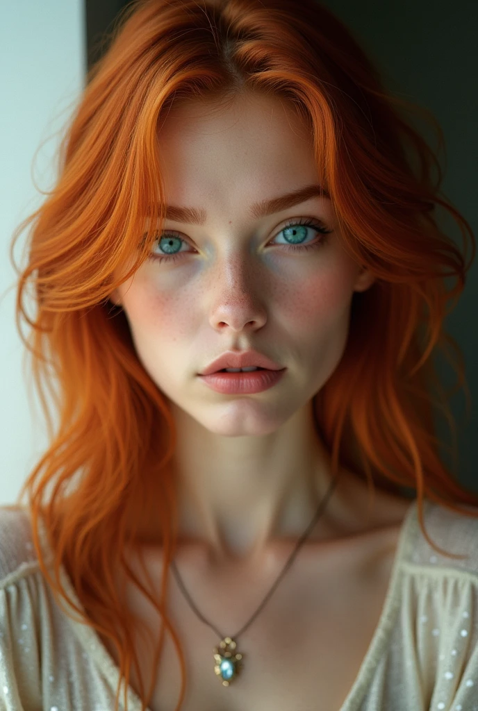 "A high-definition photo of a young woman with vibrant red hair and striking turquoise eyes, against a minimalist beauty background. The image should capture her serene face, emphasizing sharp edges and contrast shading. Skin tone should be light , with light tan highlights to enhance depth. The composition should evoke a feeling of calm and realism, reflecting the essence of the Karencore aesthetic. Make sure the photo has a strong contrast between light and shadow, showing your features with details. impressive. --with 3:5 --stylize 750 --v 6.0 --raw style with high quality fine jewelry"

