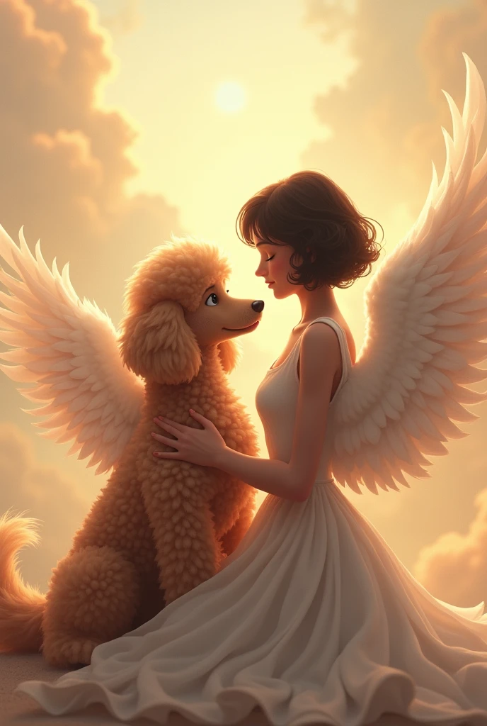Brown poodle dog with angel wings and her white owner, short dark hair