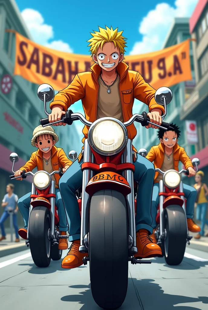 Anime one piece sabo riding a mini moped , Sabo took his group on a motorbike , they all wear orange motorcycle jackets , On the motorcycle jacket there is BBMC written in the middle , all wearing long jeans, and wear shoes , all members are excited , in front holding a banner that says Sabah Moto Day 7.0
