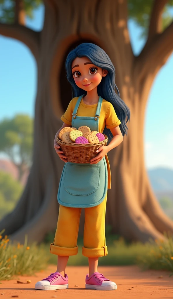 side view of a ((masterpiece, best quality)), award winning, 4k, 8k, 3d pixar animation character, visible face, (one 2 woman NAMED BRISA), portrait, beautiful, cute, yellow shirt, yellow pants, light long blue apron, pink sneakers, long plaid blue hair, light tan skin, brown eyes, ((Perfect Hands)), UHD, 8K, natural STANDING pose, HOLDING A BASKET FULL OF COLORFUL COOKIES, BACKGROUND IS: ((masterpiece, best quality)),3d illustration of countryside el salvador, a big, tall and wide amate tree behind with a big hole in its trunk, her hight is about 1.70mts