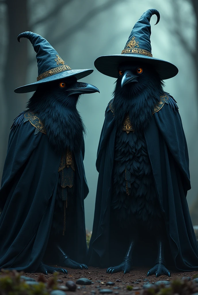 Two dark crows with wizard hats