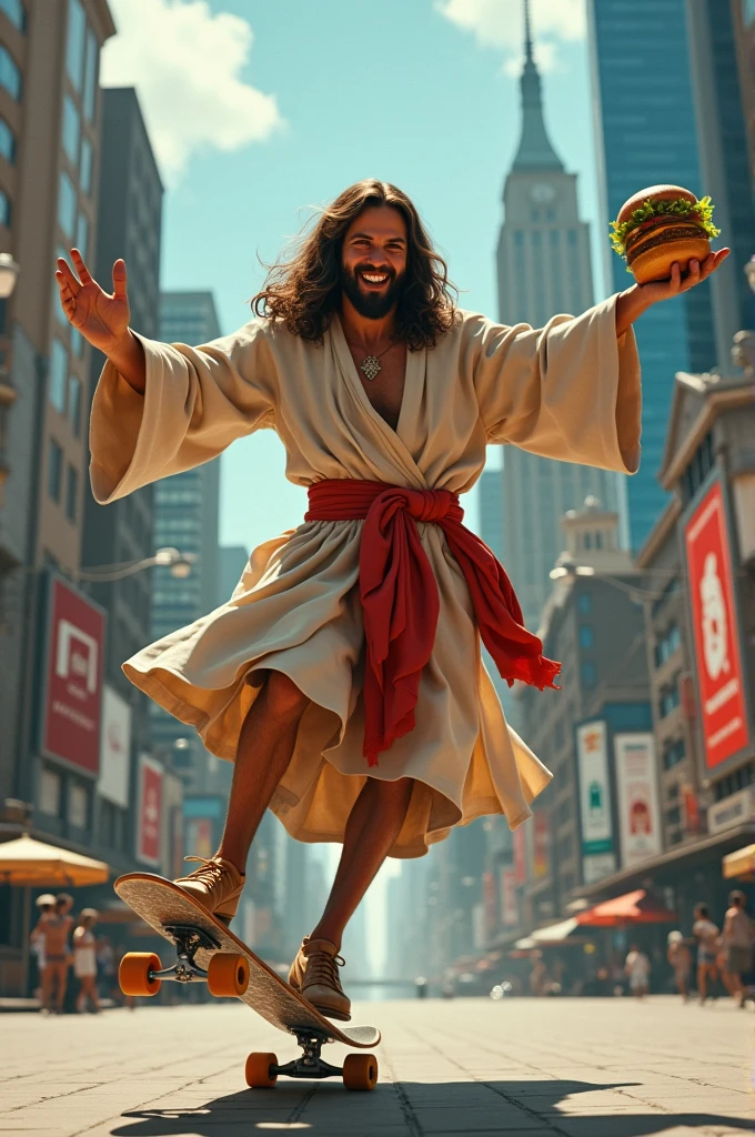 American Jesus eating a hamburguer doing a flip on a skate board smiling