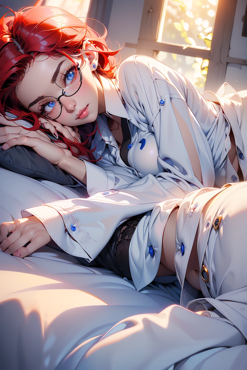 1girl, beautiful elf woman, ((Short Red Hair, Straight, has shine)) Blue eyes, double eyelids, light effect on eyes, detailed irises, beautiful curvy body, glasses, ((Loose White Button up shirt, Opaque: 1.5)), black choker, ((Black lace panties)), Bare feet, ((Work of art, hyper-realistic, hyper detailed, Best Quality, 16k, light and shadow on skin, vivid colors)), ((laying down in bed on stomach asleep eyes half open watching viewer sleep: 1.5)), ((Hand behind head: 1.5, Hand resting on stomach: 1.5)) Lustful Expression, perfect lips, sexy mature face, lots of freckles all over body, full pouty lips, extreme blush, sensual smile, ((Night)), moonlit sky, Flirting with viewer, Flirty Lewd Smile, ((Large Breasts: 1.0)) ((Full Angle Shot)), ((Side View))