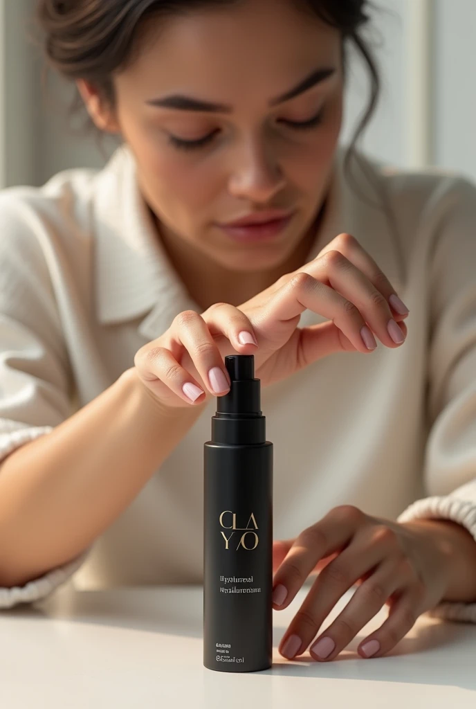 Make a pictures of hyaluronic acid serum Case color is black It's written on it CLAYO and underneath it hyaluronic acid Girl puts it