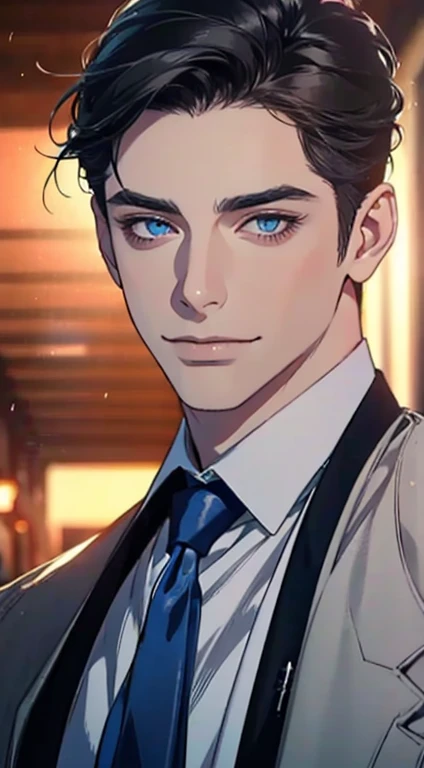 a mature man with short grey Black hair, blue eyes, 31 years, and a perfect face, smiling in love, CEO, cinematic lighting, 1:4 HDR image, top view, ultra detailed, best quality, masterpiece, 8K, photorealistic, beautiful image