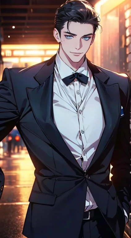 a mature man with short grey Black hair, blue eyes, 31 years, and a perfect face, smiling in love, CEO, cinematic lighting, 1:4 HDR image, top view, ultra detailed, best quality, masterpiece, 8K, photorealistic, beautiful image