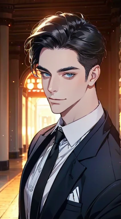 a mature man with short grey Black hair, blue eyes, 31 years, and a perfect face, smiling in love, CEO, cinematic lighting, 1:4 HDR image, top view, ultra detailed, best quality, masterpiece, 8K, photorealistic, beautiful image