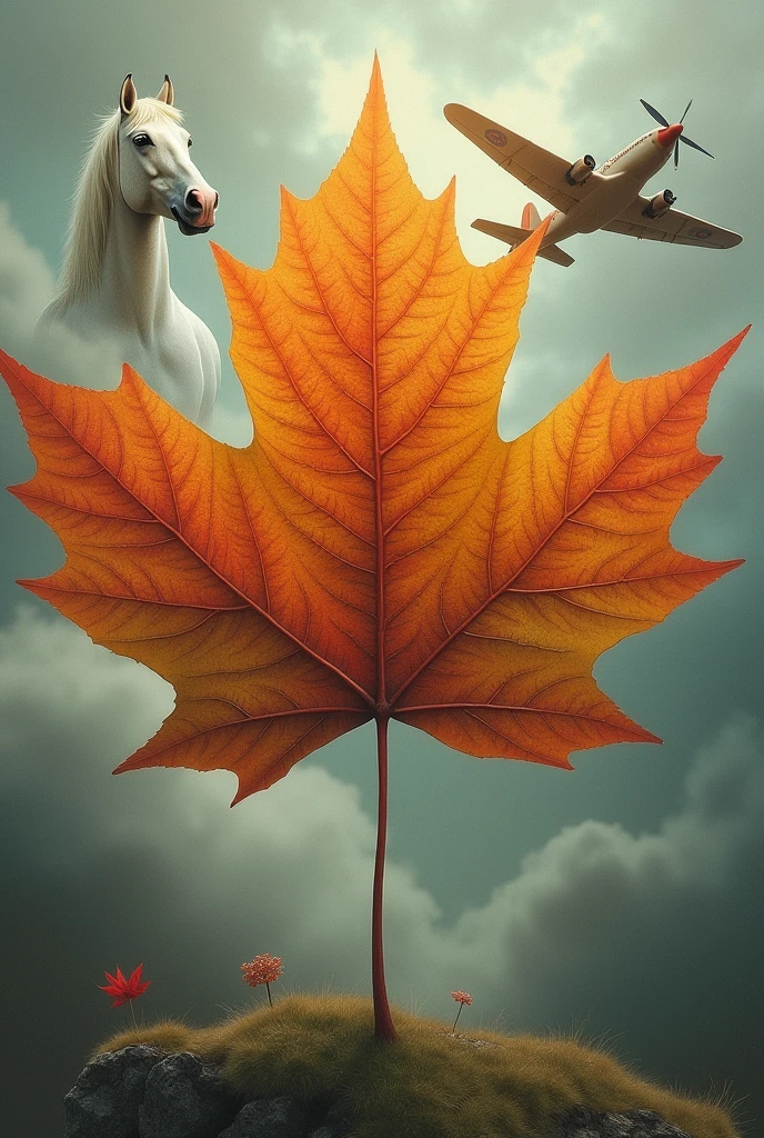 A maple leaf in a heart. Includes a horse head and a fighter plane