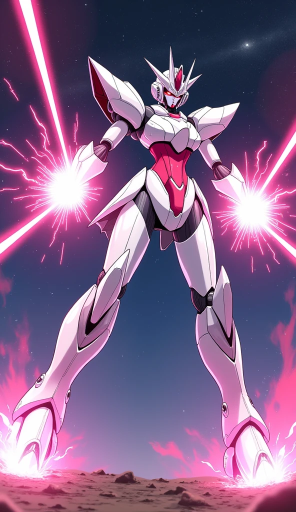 anime, Giant Robot, A dynamic full-body image of a white and pink female super robot fighting with lasers coming out of her palms Simple Background,universe,