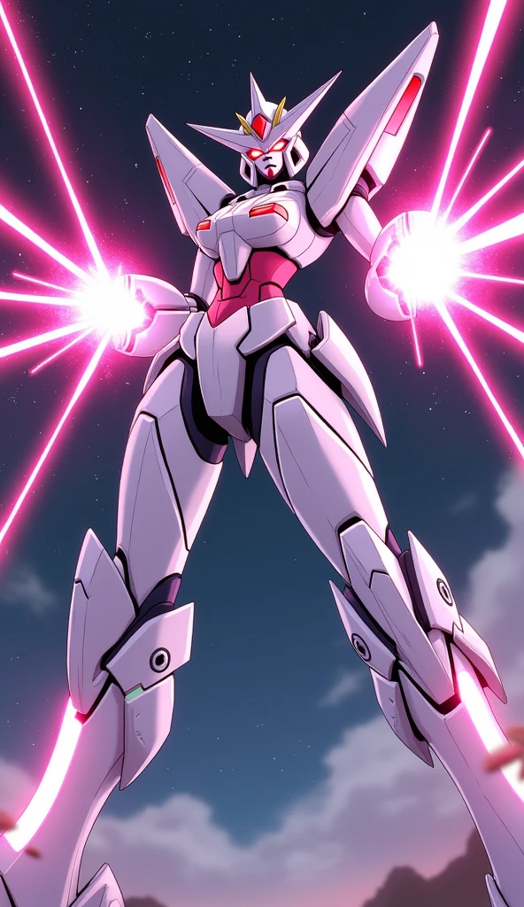 anime, Giant Robot, A dynamic full-body image of a white and pink female super robot fighting with lasers coming out of her palms Simple Background,universe,