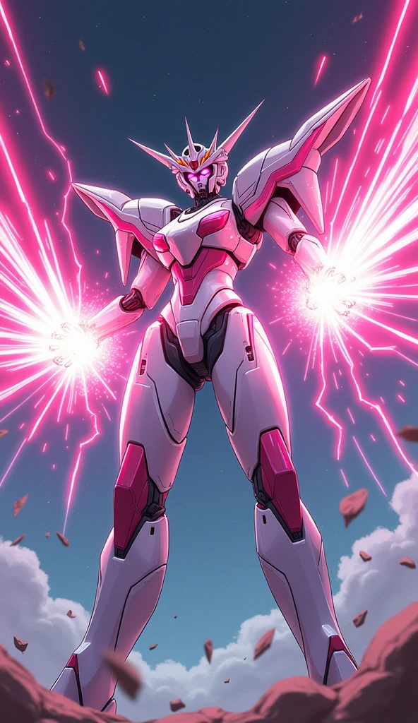 anime, Giant Robot, A dynamic full-body image of a white and pink female super robot fighting with lasers coming out of her palms Simple Background,universe,
