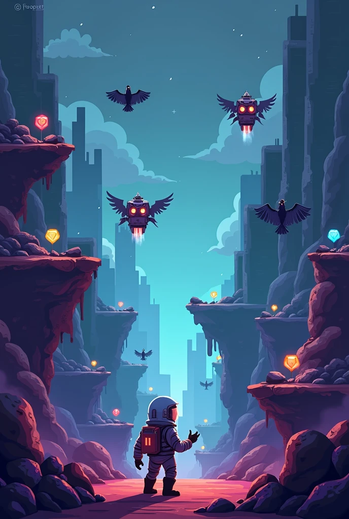 photo as if it were a 2D video game at 8*8 pixels. Futuristic look of spaceships, spawn enemies like shadow demons, light shadow demon and flying crows. The character is located on the left of the screen and will have a stylish astronaut look. There will be obstacles and gaps, enemies standing guard and gems to collect.