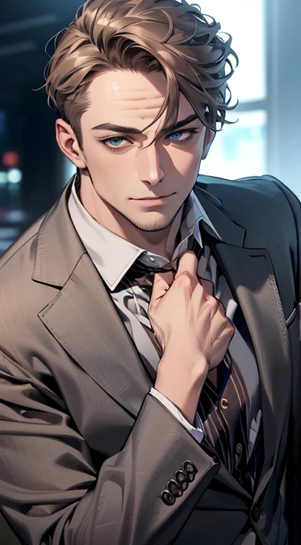 (best quality,4k,8k,highres,masterpiece:1.2),ultra-detailed,(realistic,photorealistic,photo-realistic:1.37),1 man,3,mature man,very handsome,without expression,smile,short grey brown hair,blue eyes,penetrating gaze,perfect face without errors,imposing posture,businessman,office background,cinematic lighting,hdr image