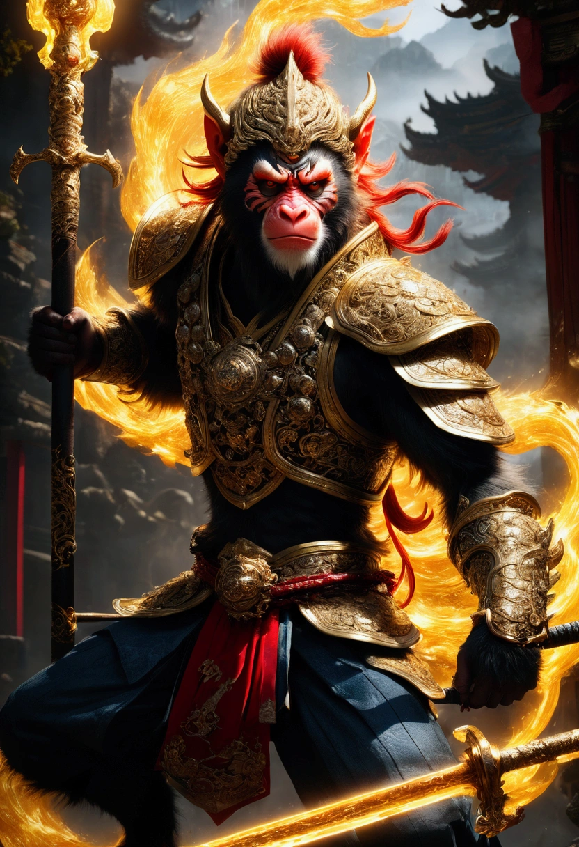 Monkey face, Wukong, Black Myth, a highly detailed 3D render of the character Sun Wukong from the video game Black Myth, masterfully crafted with extreme precision, dynamic lighting, dramatic camera angle, ornate detailed armor, muscular physique, fierce expression, glowing golden staff, otherworldly fantasy environment, cinematic composition, vibrant colors, dramatic shadows, award-winning quality, masterpiece, best quality, very aesthetic, absurdres