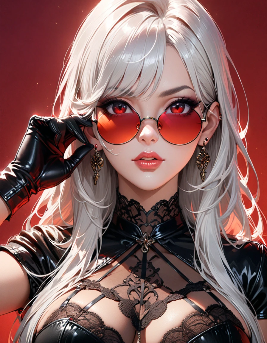 detailed textures, high quality, high resolution, high accuracy, Realism, color correction, correct lighting settings, harmonious composition. 1 girl in, Straightening clothes, bad girl, черные gloves, split, earrings, Glasses, gloves, Jewelry, lace, lace trim, Big breasts, lips, long hair, I look at the viewer, draw up, приоткрытые lips, red background, Red eyes, красные lips, round glasses, One, Sunglasses, tinted glasses, upper body, white hair--ar 3:4- Niji 6