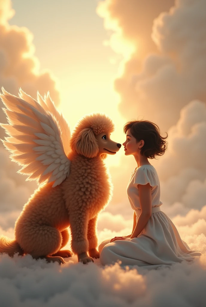 Brown poodle dog with angel wings and her white owner, short dark hair