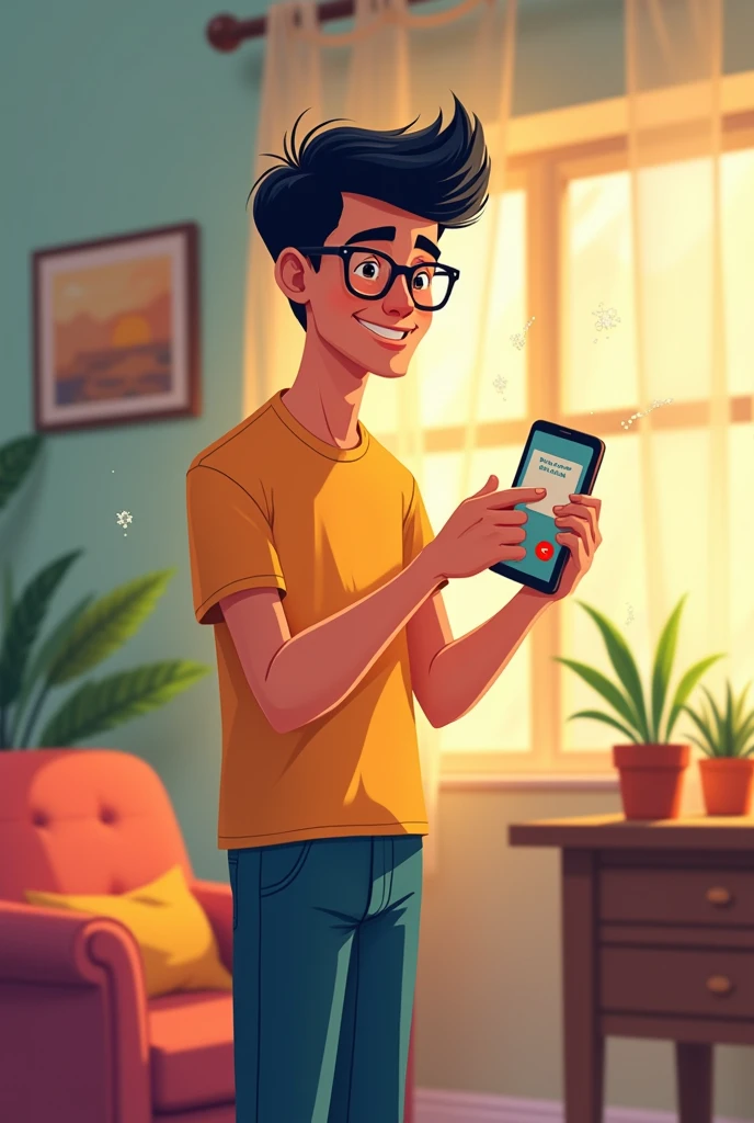 make a 20 year old boy, tall black hair and glasses receiving a call while smiling happily in 2d animation