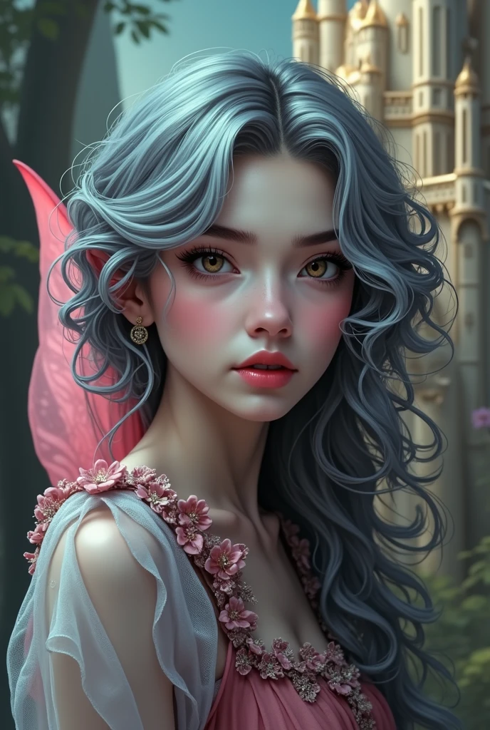 "high qualiy, 8k ultra-HD, hyper-realistic portrait of a captivating woman.A mysteriously charming young fairy with cascading silver curls, a porcelain complexion, and eyes that shine like hazelnut gems, stands elegantly next to a majestic castle. Dressed in a delicate flowing pink dress, she exudes an air of ethereal beauty. This vivid portrait, whether painted or photographed, captures your captivating presence with exquisite details and expertly rendered textures. An epitome of grace and elegance, evokes a sense of otherworldly enchantment, making the viewer feel as if they have entered a fairy tale."