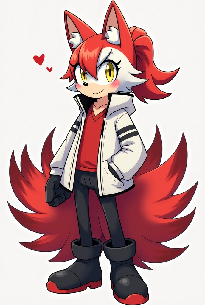 Create a Kitsune with half white and half red hair, with a ponytail, with fringe on the left side, with a Kitsune mask on the side of his face, yellow eyes, eyes large, humanoid, with ears and nine tails, in the form of a Sonic-style character, o nome dele é Kito Kaiiatsubaky, Men's White Windbreaker Jacket with Red Shirt, black pants and men's black boots,with gloves, Personalidade: always cheerful and lively and willing to protect his friends and companions.