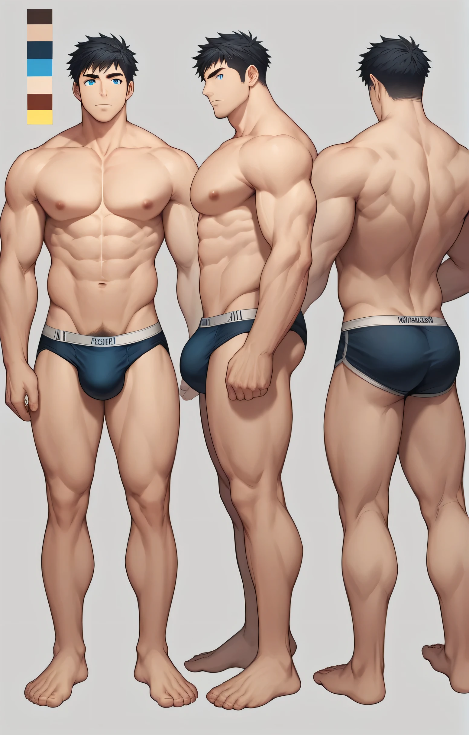 1boy, single, reference sheet, character design, front angle, side angle, left side angle, right side angle, dynamic poses, (masterpiece:1.2), (best quality:1.3), (reference sheet:1.5), adult anime male, huge man, very tall man, masculine body, muscle body, muscle tall male, athletic body, muscle builder, muscle, bulky body, giant, Bara, 6ft. male, (Blue eyes), (short hair), (short bangs), (black hair), (pale skin), (pale skin color), beard, naked, naked men, nude, nsfw, handsome, wide chest, string underwear, speedo, huge hips, wide hips, daddy, barefoot, not wearing pants, rugged, 40 years old, pubic hair, big bulge 