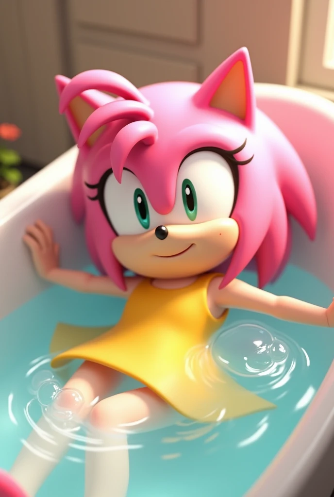 Amy rose in a bathtub filled with water, immersed up to the shoulders in water in a yellow short dress