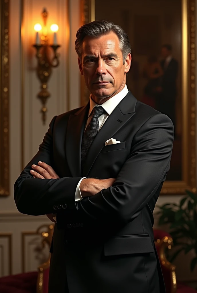 Create stunning AI artwork that captures the essence of a confident, charismatic billionaire dressed in an impeccably tailored suit, in a setting that reflects opulence and success. Infuse the artwork with a sense of power, elegance, and sophistication, using their creative AI techniques to bring this vision to life
