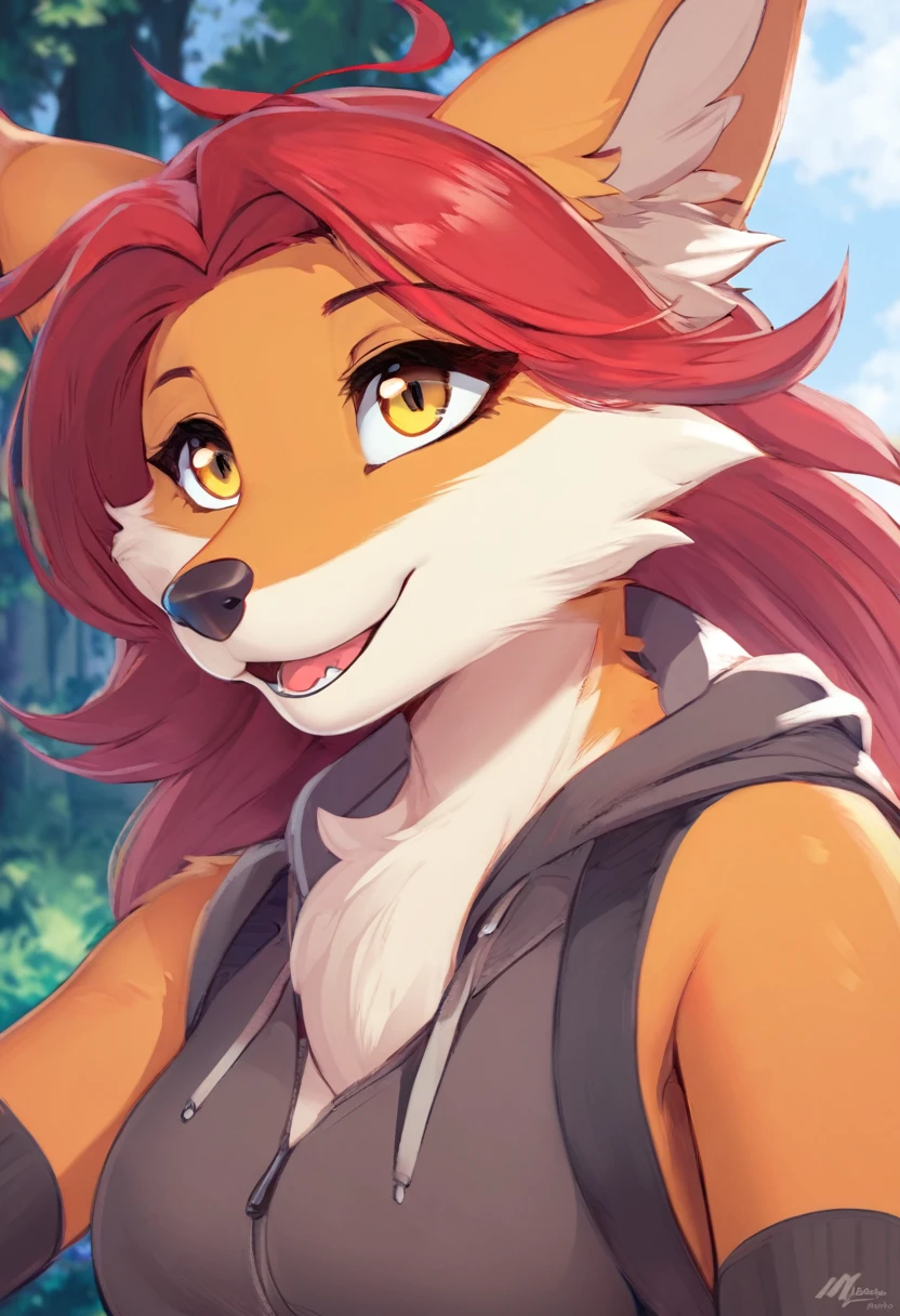 A closeup of a cartoon fox wearing a green shirt and blue shorts, fox girl, tonic the fox, a den fox, mini girly furry cute style, female fox, female fursona, furry fursona, fursona wearing elegant clothes, furry furaffinity, a den foxpomorfo, portrait of a den fox, fursona art, furry character
