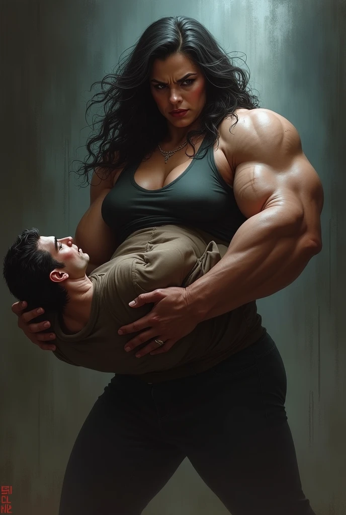 A giant thick woman holding a man