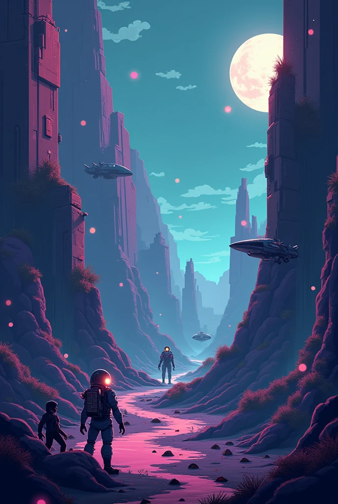 photo as if it were a 2D video game at 8*8 pixels with a lateral scrolling camera. Futuristic look of spaceships, spawn enemies like shadow demons, light shadow demon and flying crows. The character is located on the left of the screen and will have a stylish astronaut look. There will be obstacles and gaps, enemies standing guard and gems to collect.