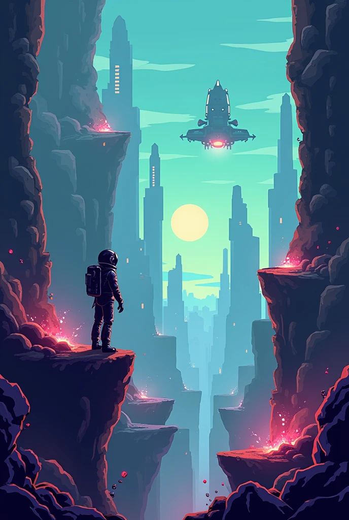photo as if it were a 2D video game at 8*8 pixels with a lateral scrolling camera. Futuristic look of spaceships, spawn enemies like shadow demons, light shadow demon and flying crows. The character is located on the left of the screen and will have a stylish astronaut look. There will be obstacles and gaps, enemies standing guard and gems to collect.