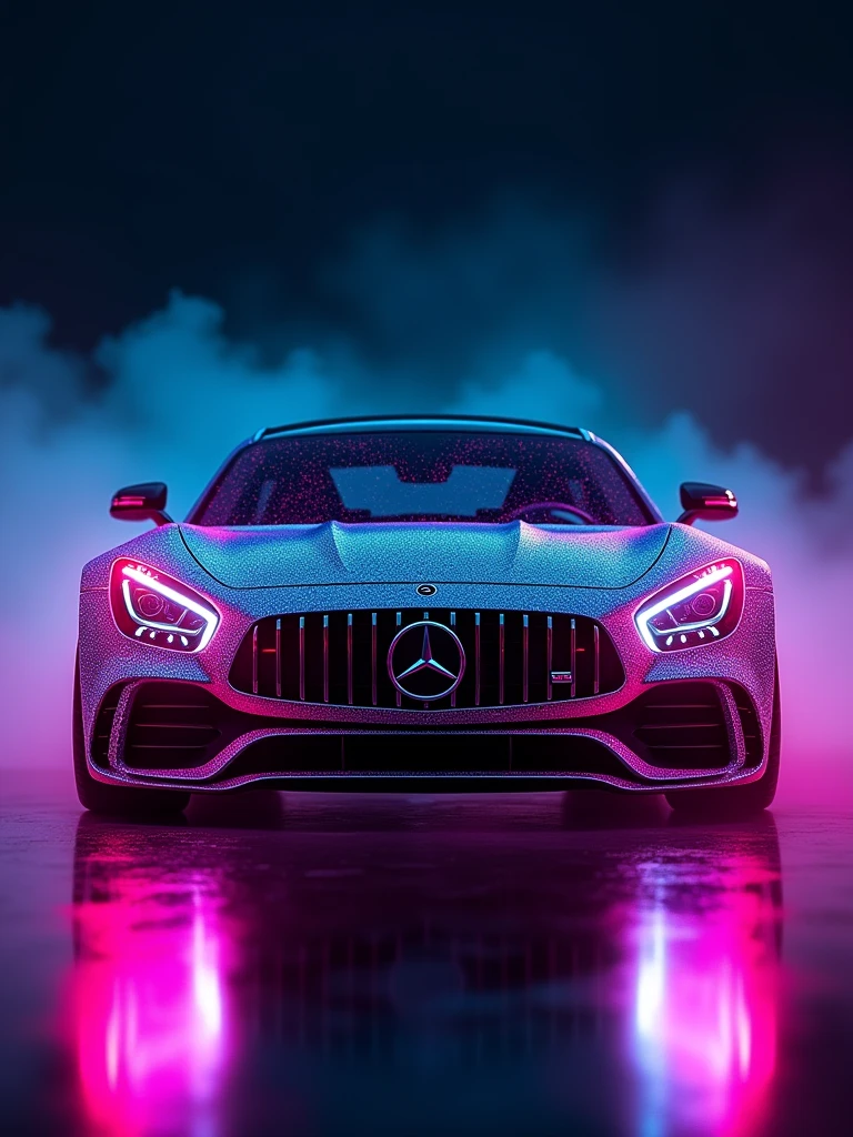 A breathtaking, futuristic photograph of a sleek Mercedes-AMG car, glowing with a dazzling array of vibrant neon colors. The car is illuminated in a kaleidoscope of hues, with the headlights and taillights casting an intense, almost otherworldly glow. The background is a dark, infinite void, allowing the car's colors to stand out and dominate the scene. The overall ambiance is one of high-energy and excitement, evoking a sense of speed and power. The image exudes a cinematic quality, perfect for a high-stakes chase scene in a futuristic blockbuster film., cinematic, photo, vibrant